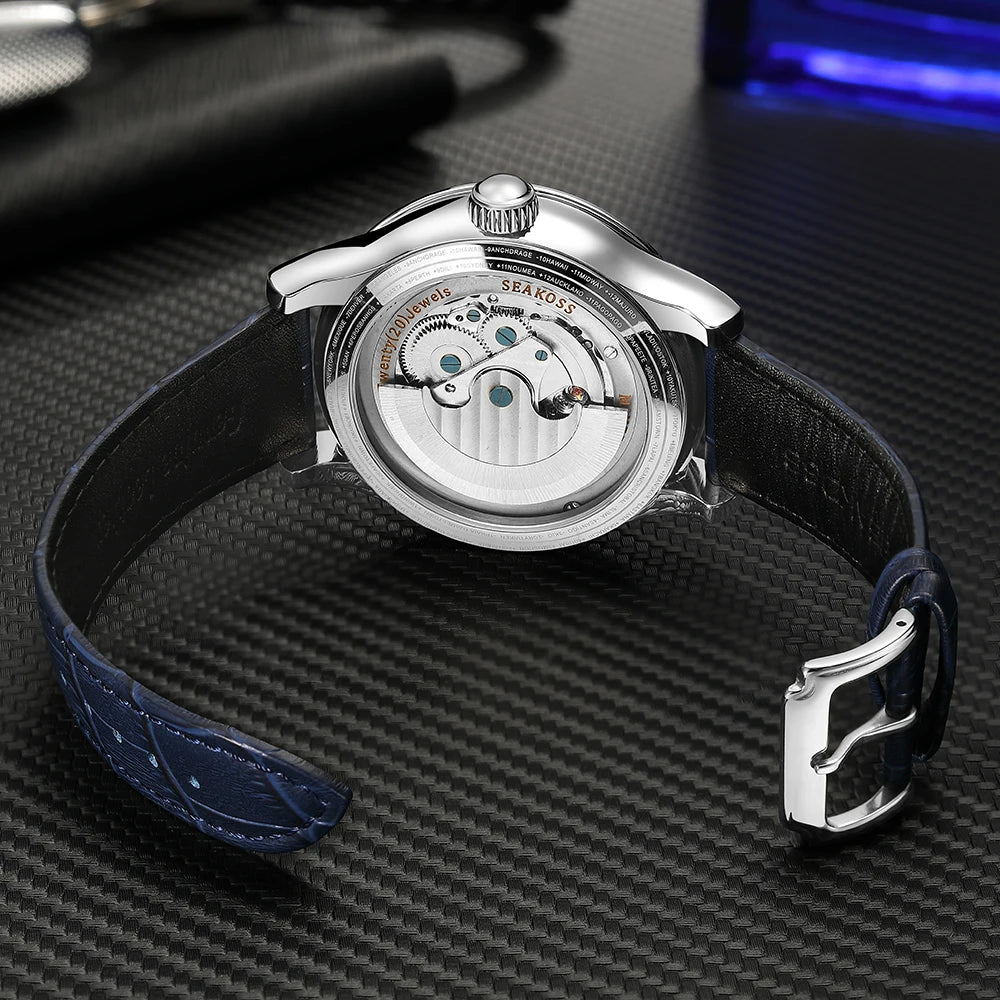 SEAKOSS Double Globe Automatic Rotating Men Mechanical Watches Earth Flywheel Device Men's Military Wristwatches 1963 Clock