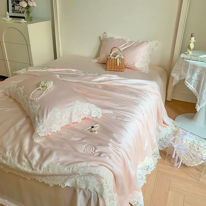 100%Eucalyptus Lyocell Cream White Lace Soft Silky Textured Wrinkle-Free Summer comforter Blanket 1Pc Flat sheet 2Pillow shams