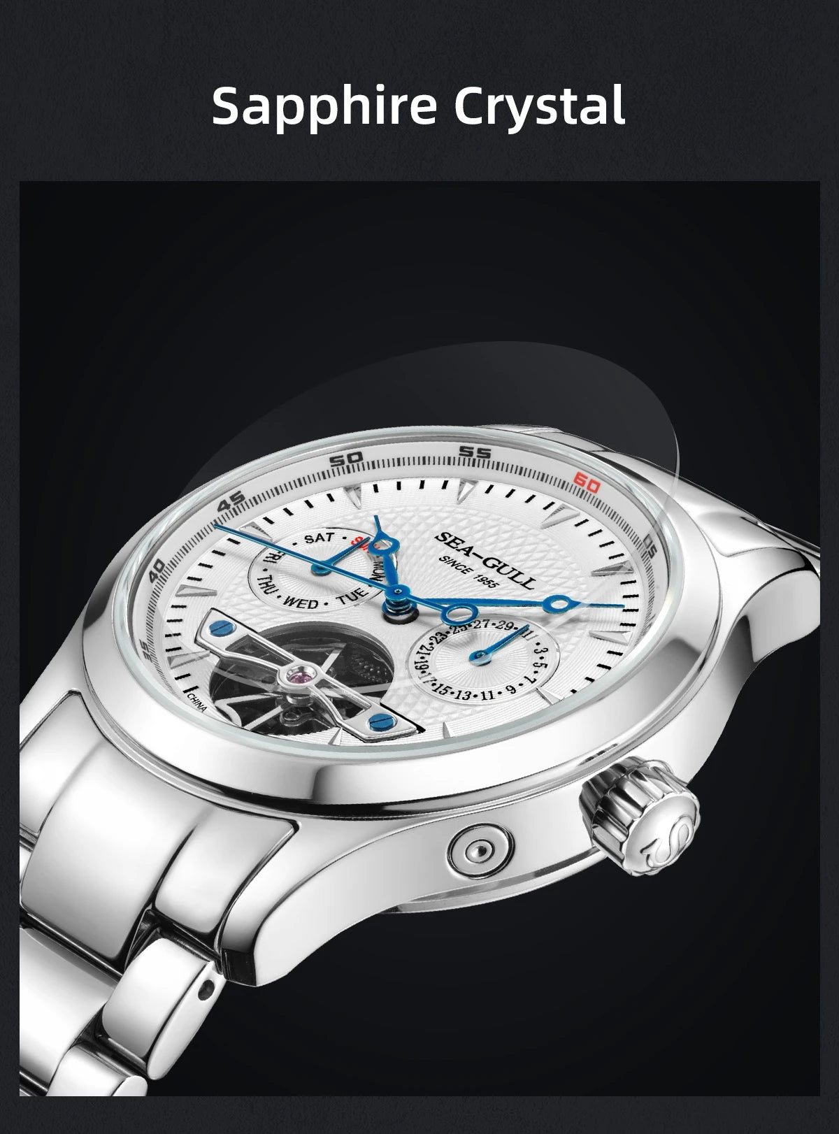 2025 Seagull Men's Automatic Mechanical Watch Multifunction Dial Calendar Sapphire Steel Band Men's Wristwatch reloj hombre M162