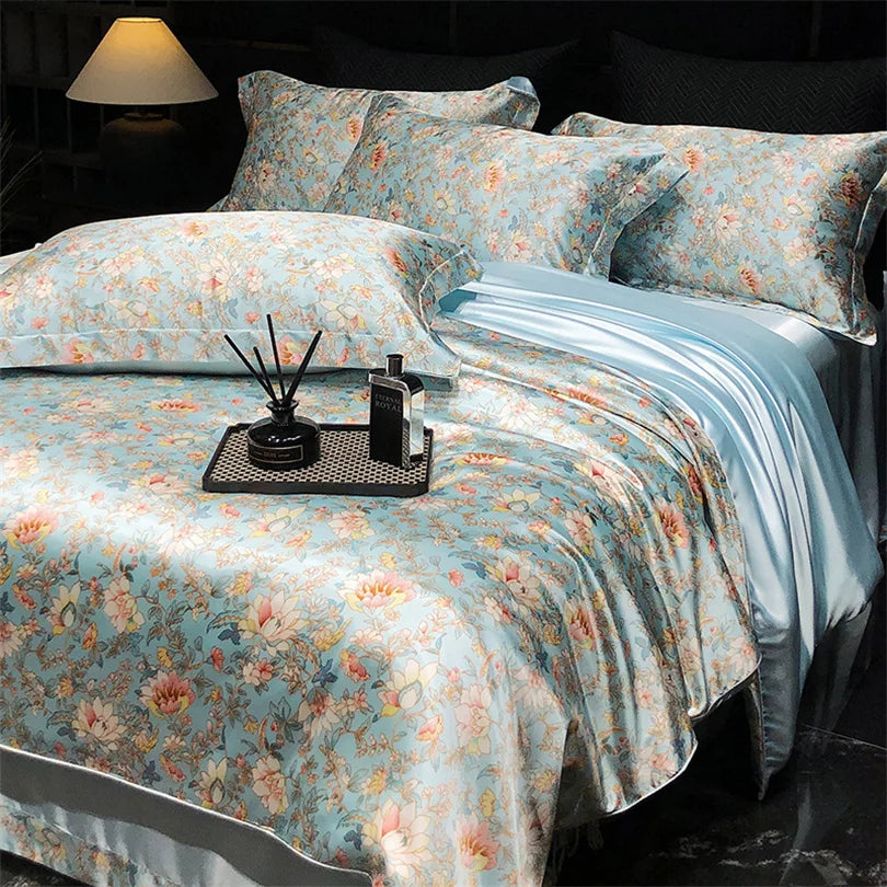 Floral Silk Bedding Set with Duvet Cover Bed Sheet Pillowcase Luxury Couple Single Double King Queen Soft Bedsheet Nordic Smooth