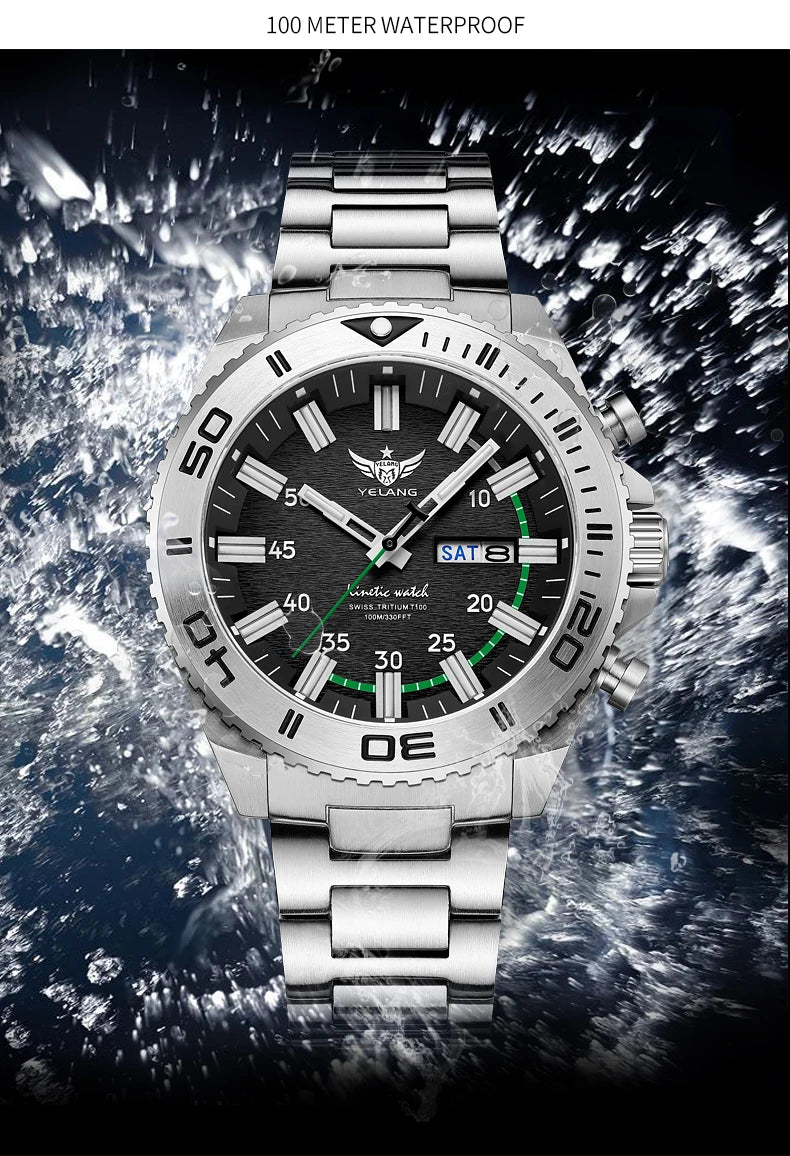 YELANG New Design Human Kinetic Energy Watches Waterproof 100m H3 Gas Self luminescent Nightlight 10Bar Diving Grade V1035