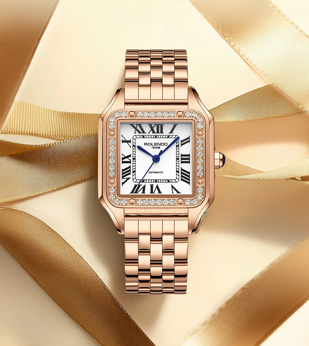 ROLENDO Luxury Gold Square Watch for Santos 33mm Diamond-Set Sapphire Crystal Roman Scale 5ATM Women's Automatic Wristwatch Gift