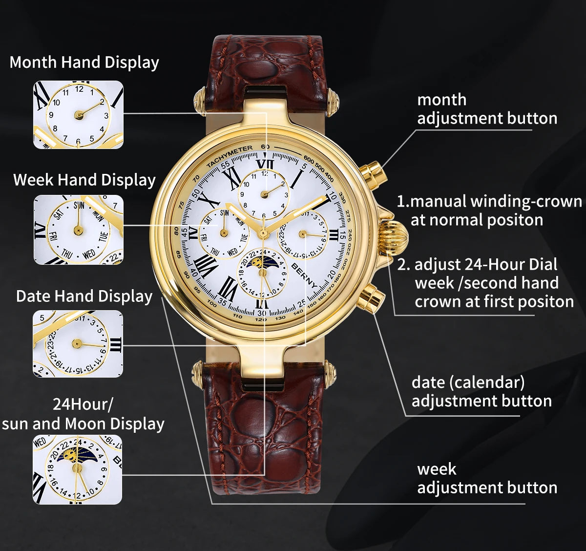 BERNY Retro-Automatikuhr für Herren mit Sonnen- und Mondphasenanzeige, luxuriöse mechanische Armbanduhr, leuchtende Möwe ST1652, klassische Herrenuhr