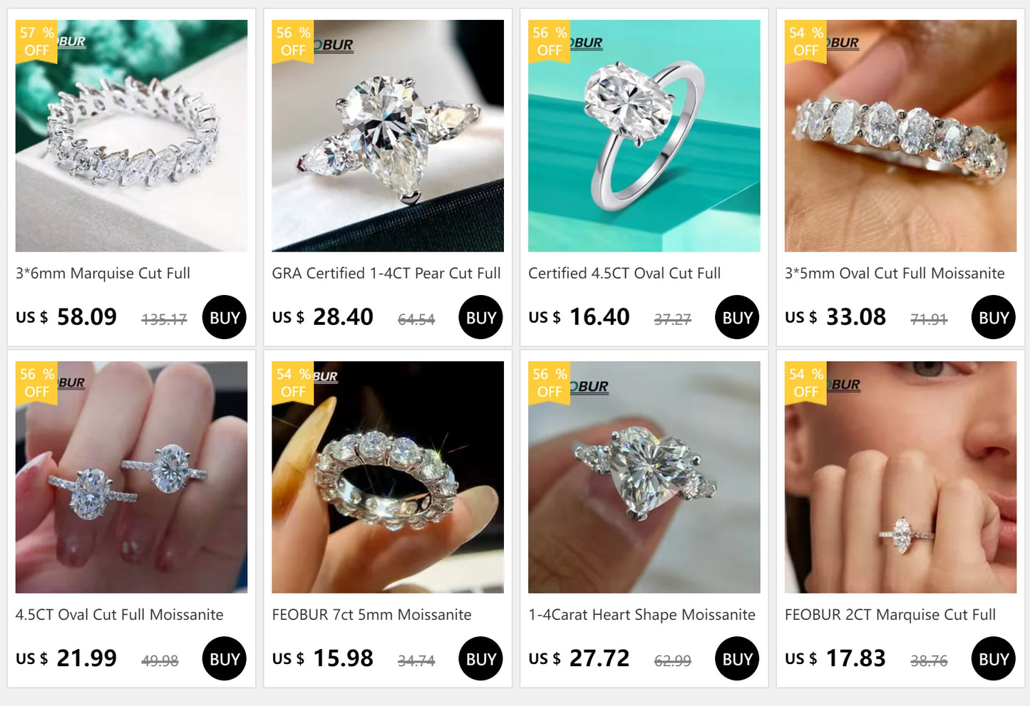 FEOBUR 3.26CT 10 Gems Full Moissanite Rings for Women 925 Sterling Silver Sparkling Lab Diamond Wedding Band Tail Ring Jewelry