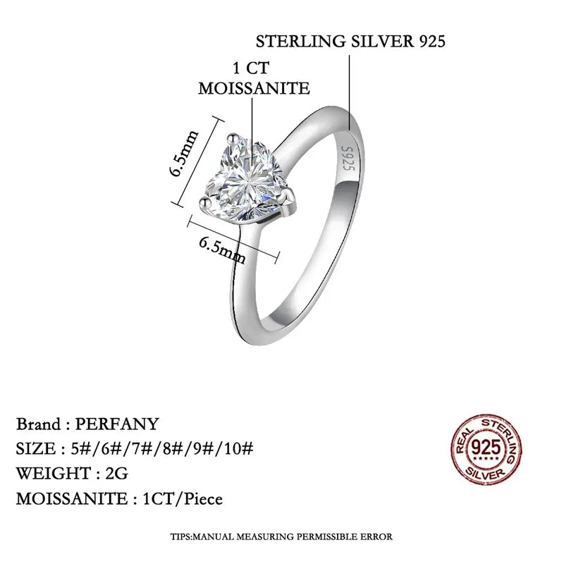 PERFANY 0.5/1/2CT Heart-Shaped Cut Moissanite Women's Ring S925 Pure Silver Laboratory Certified Diamond Wedding Luxury Jewelry