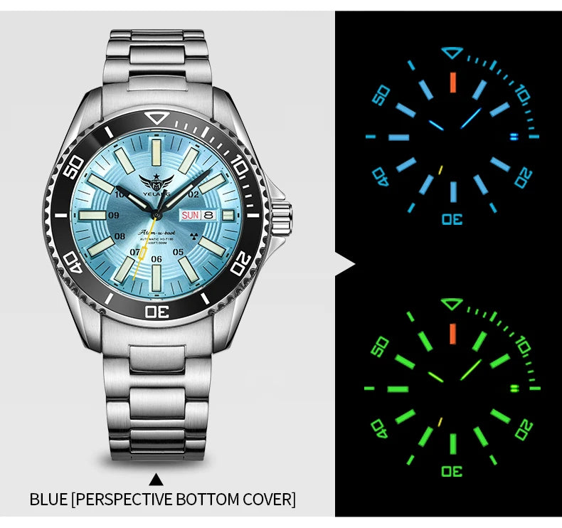 YELANG Automatic Mens Green Water Ghost Watches H3 T100 Self Luminous Wristwatch Waterproof 300m Turning Ceramic Bezel V1032