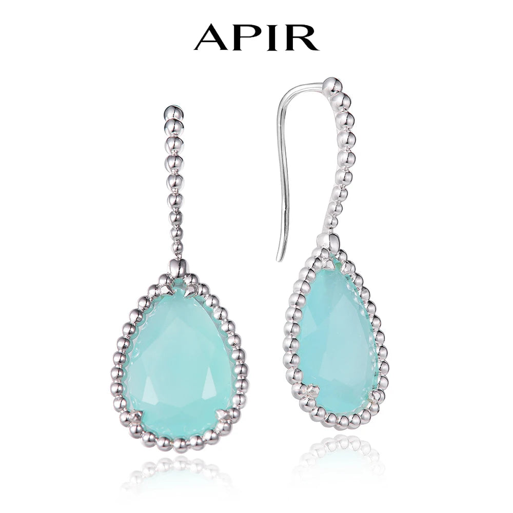 APIR Bohemian Blue Green Chalcedony Water Drop Woman's Earrings 18K White Gold Plated   Dance Party Wedding Luxury Long earrings