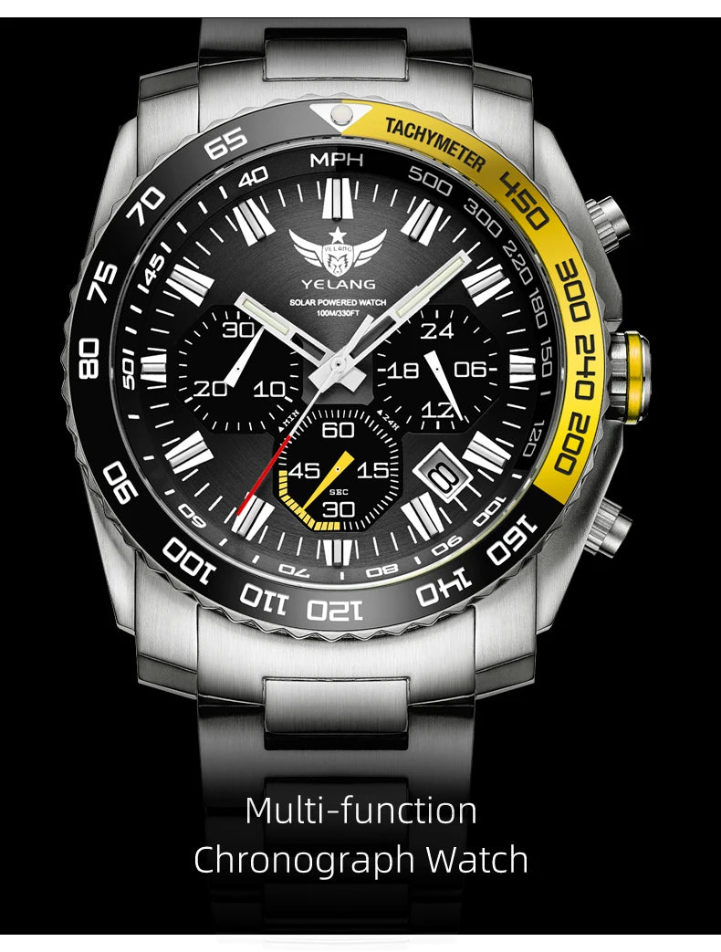 Yelang Watch 44mm V1215 Men Sports Watch Japan Eco-Drive VR42 Solar Diving Watch 100m Waterproof 10Bar Luminous watches for men