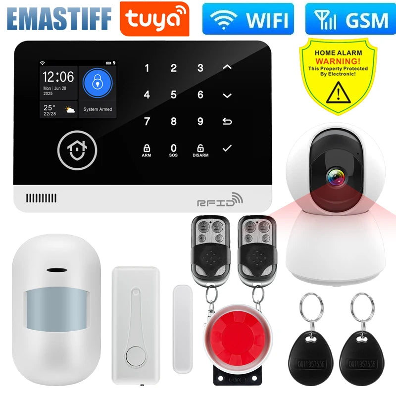 Wireless Tuya APP SIM GSM Home RFID Burglar Security LCD Touch Keyboard WIFI GSM Alarm System Sensor kit Russian,Spanish Voice