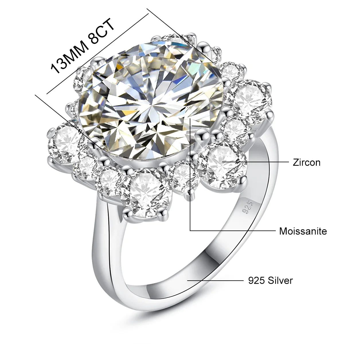 Massive Round Cut 13mm 8ct Moissanite Ring With Certification Luxury Wedding Fine Jewelries For Women Engagement Gift Pass Test