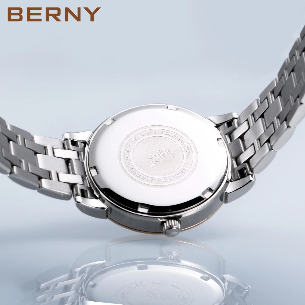BERNY Women Watch Ladies Quartz Roman Numerals Day Date Calendar Watches Sapphire Glass Solid Steel Strap Women Wristwatch