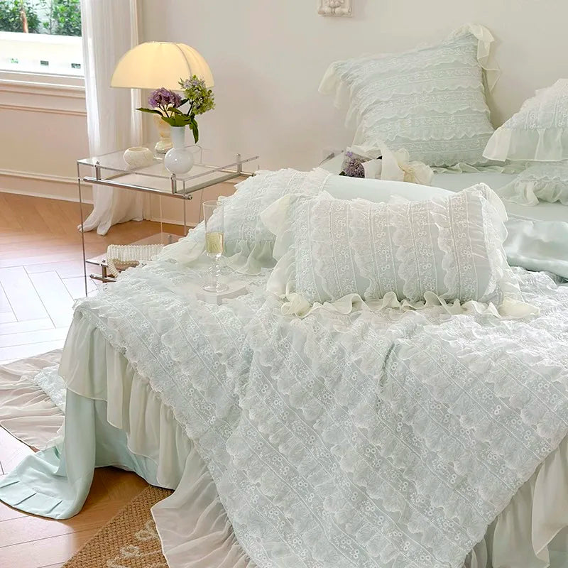 100%Eucalyptus Lyocell Cream White Lace Soft Silky Textured Wrinkle-Free Summer comforter Blanket 1Pc Flat sheet 2Pillow shams