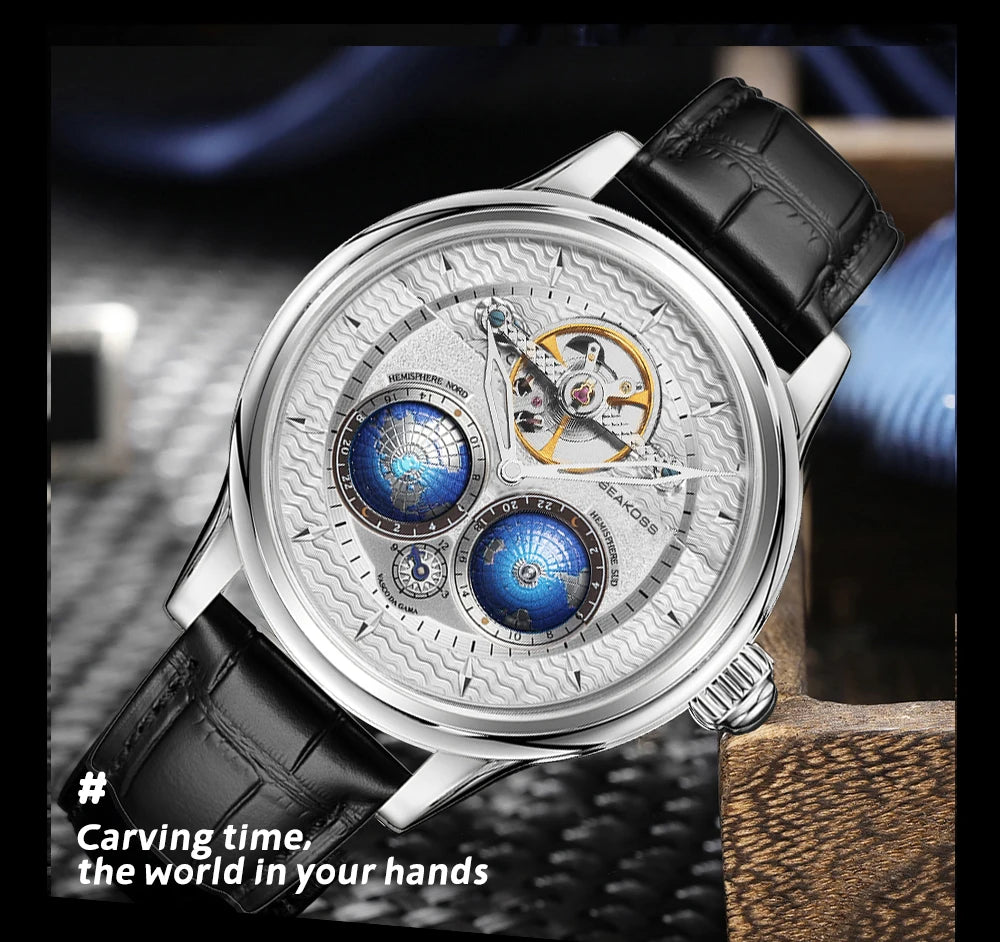 SEAKOSS Double Globe Automatic Rotating Men Mechanical Watches Earth Flywheel Device Men's Military Wristwatches 1963 Clock