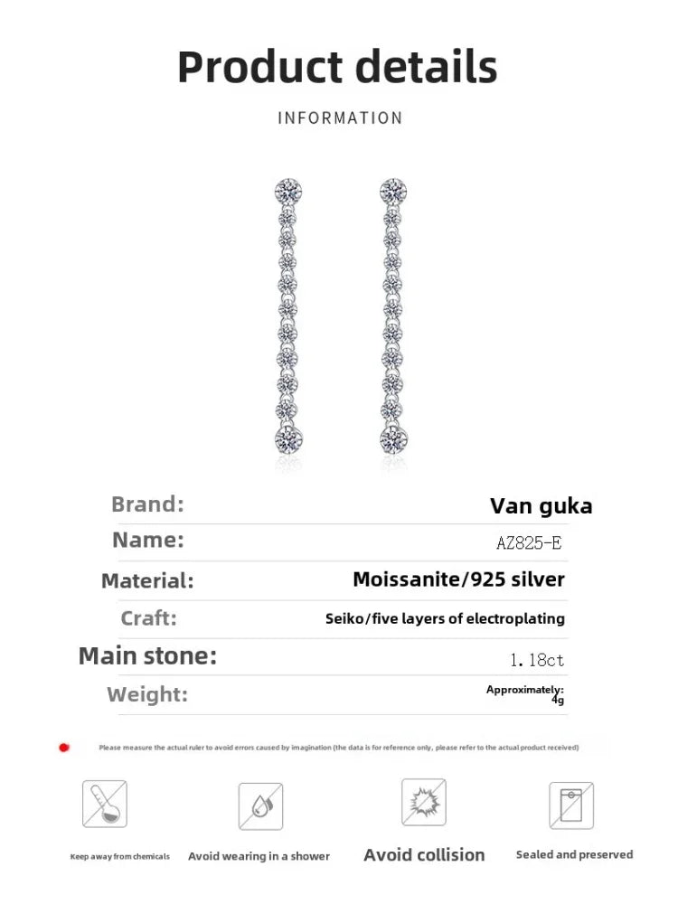 Moissanite 925 Sterling Silver Earrings Fringed Long Row Earrings Engagement Fine Jewelry Light Luxury and High-end Design