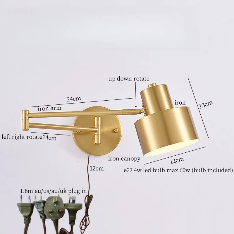 IWHD Golden Iron Art LED Wall Lights For Bedroom Kitchen Living Room Loft Mirror Bedside Lamp Swing Long Arm Lampade Da Parete