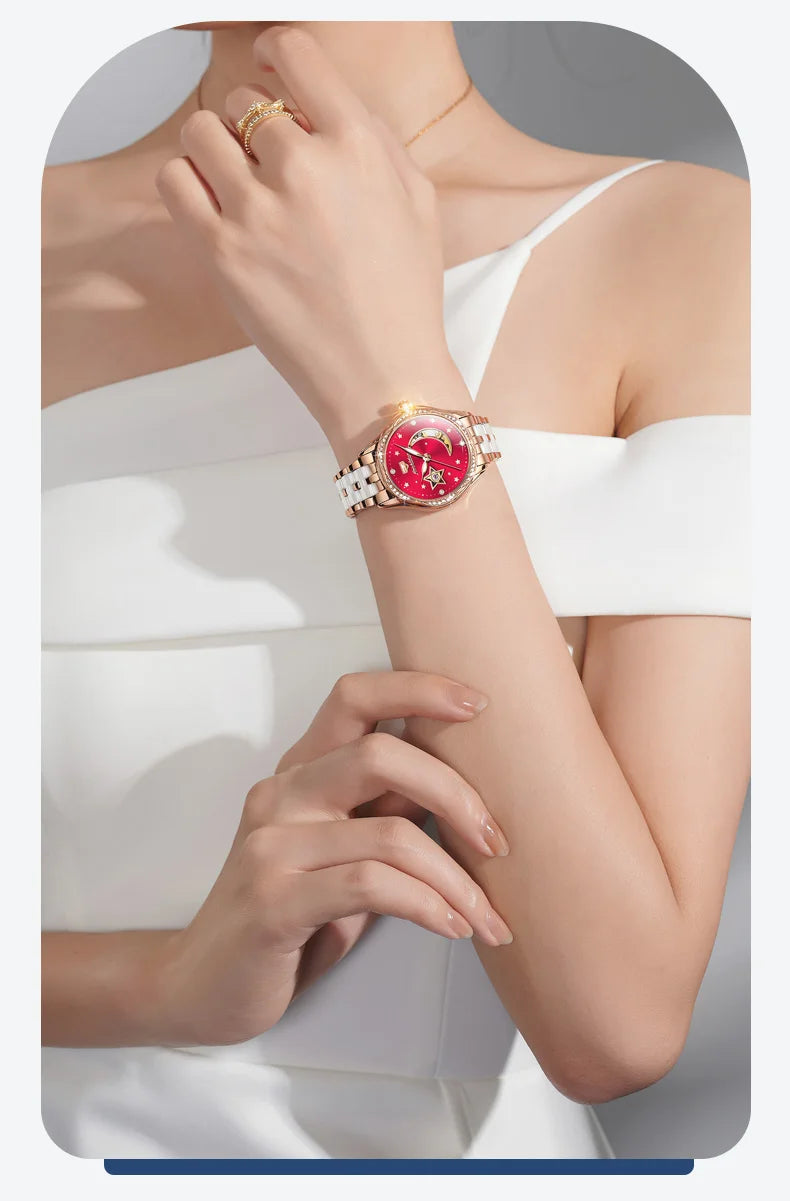 JSDUN Fashion Ceramic Skeleton Women Automatic Mechanical Watches New Luxury Ladies Watch Original Waterproof Lady Wrist Watch