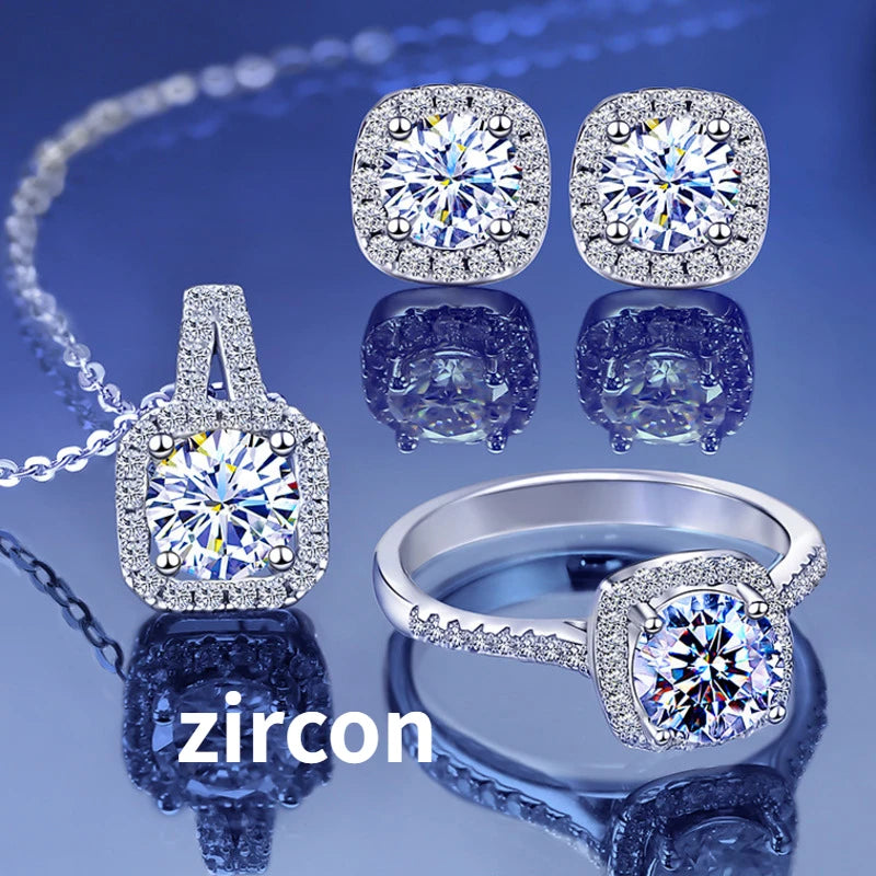 JoyceJelly S925 Sterling Silver jewelry for women 1 carat moissanite diamond 3 pieces set necklace ring earrings wedding party