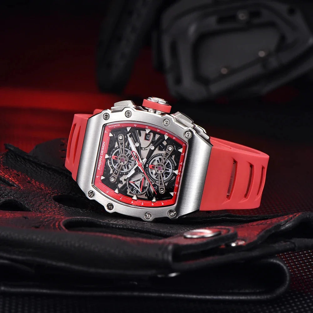 Pagani Design Men's Quartz Watches Japan Movt Skeleton Dial Waterproof Sport Rectangle Sapphire Glass Chronograph Watch For Men
