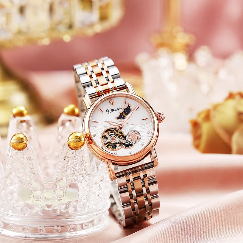 Fashion Brand Women Automatic Mechanical Watches Diamond Wristwatch Ladies Moon Plate Business Dress Waterproof Luminous Clock