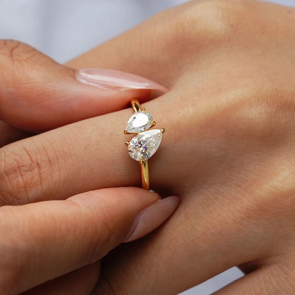 1.5cttw Double Pear Cut Moissanite Diamond Ring for Women Two Stone Toi Et Moi Wedding Bands 925 Silver 18k Gold Plated Jewelry
