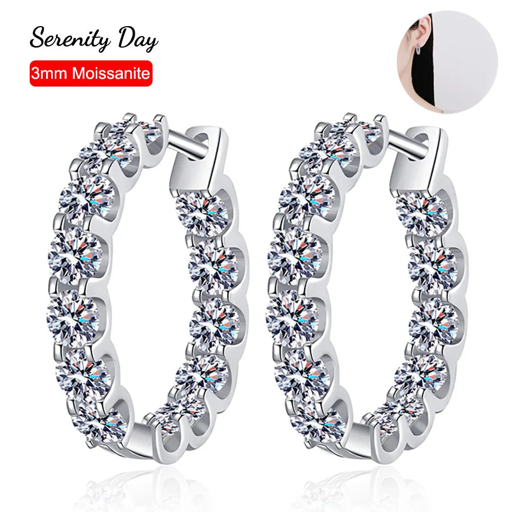 Serenty 2.6cttw D Color 3mm All Moissanite Hoop Earrings For Women S925 Silver Bull Head Wedding Stud Earring Plated 18K Jewelry