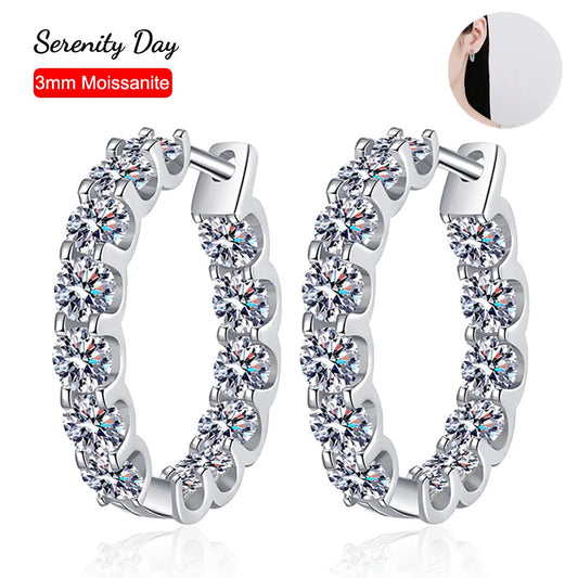 Serenty 2.6cttw D Color 3mm All Moissanite Hoop Earrings For Women S925 Silver Bull Head Wedding Stud Earring Plated 18K Jewelry