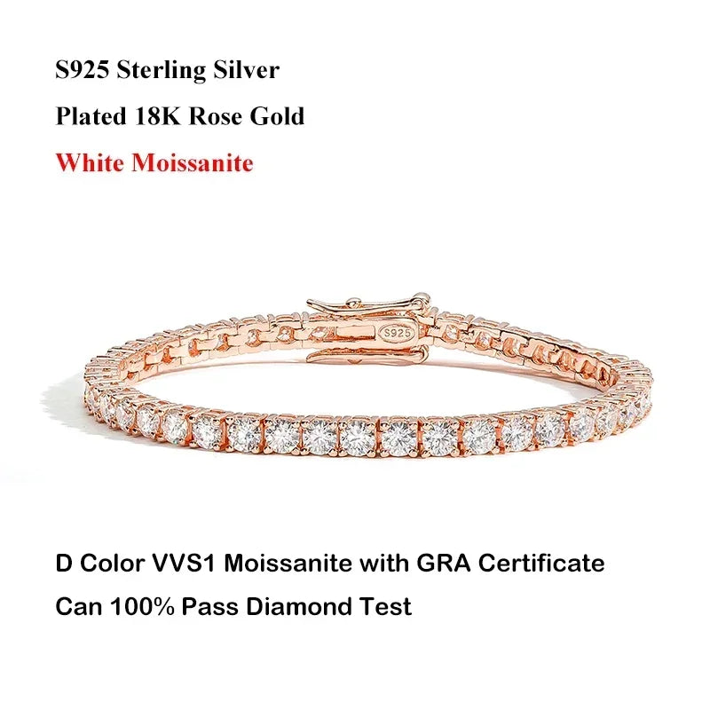 EWYA Real D Color Full 2/2.5/3/4/5/6.5mm Moissanite Tennis Bracelet For Women S925 Plated 18K Rose Gold Diamond Link Bracelets