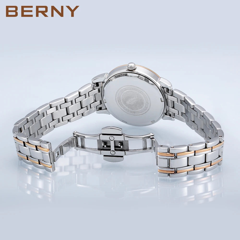 BERNY Women Watch Ladies Quartz Roman Numerals Day Date Calendar Watches Sapphire Glass Solid Steel Strap Women Wristwatch
