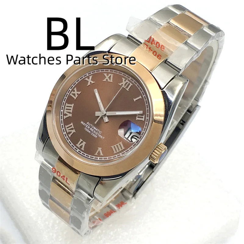 BLIGER Luxury Brown Dial Diamond Time Marks Watches For Men 36mm39mm Two Tone Rose Gold NH35 Movement Sapphire Glass Waterproof