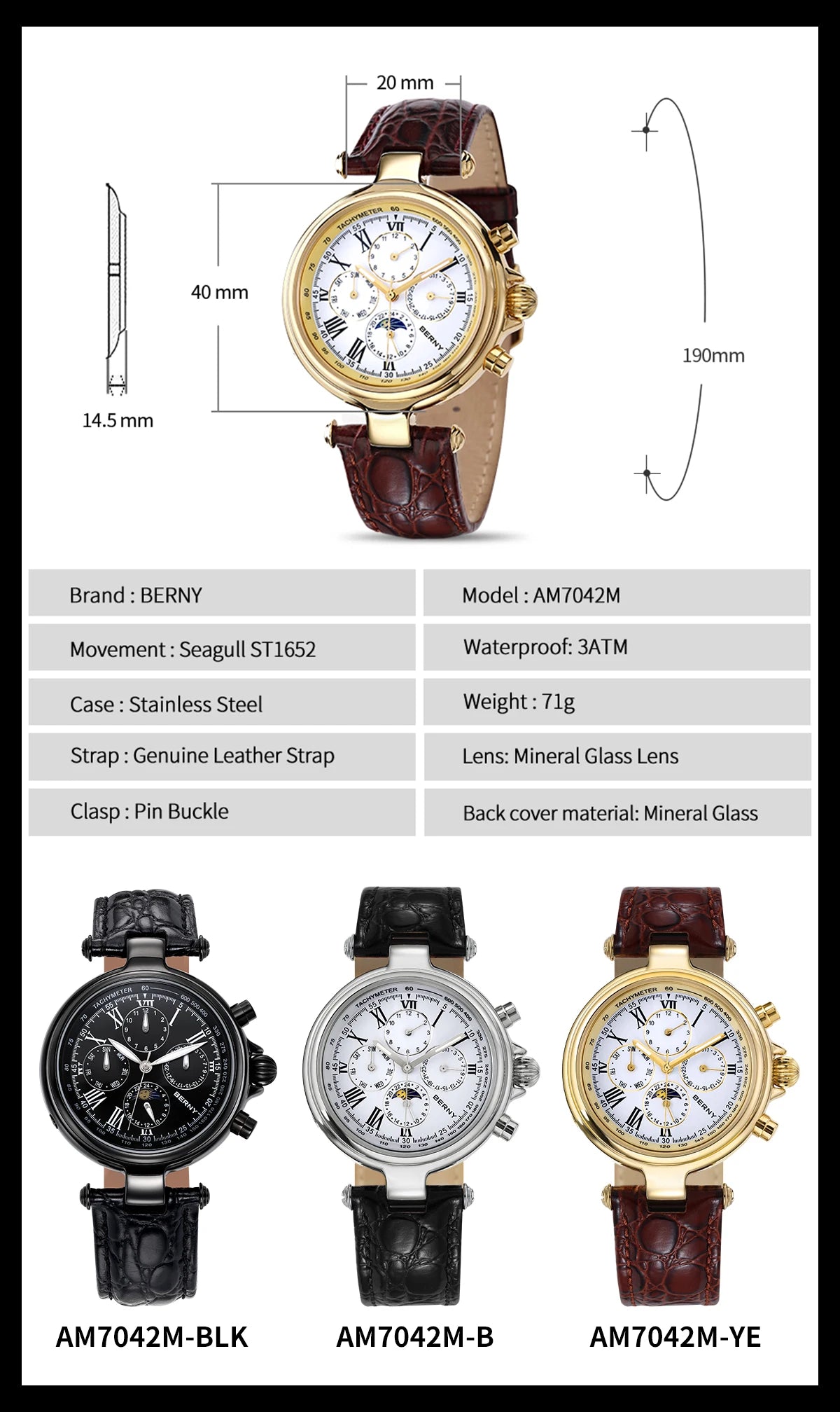 BERNY Retro-Automatikuhr für Herren mit Sonnen- und Mondphasenanzeige, luxuriöse mechanische Armbanduhr, leuchtende Möwe ST1652, klassische Herrenuhr