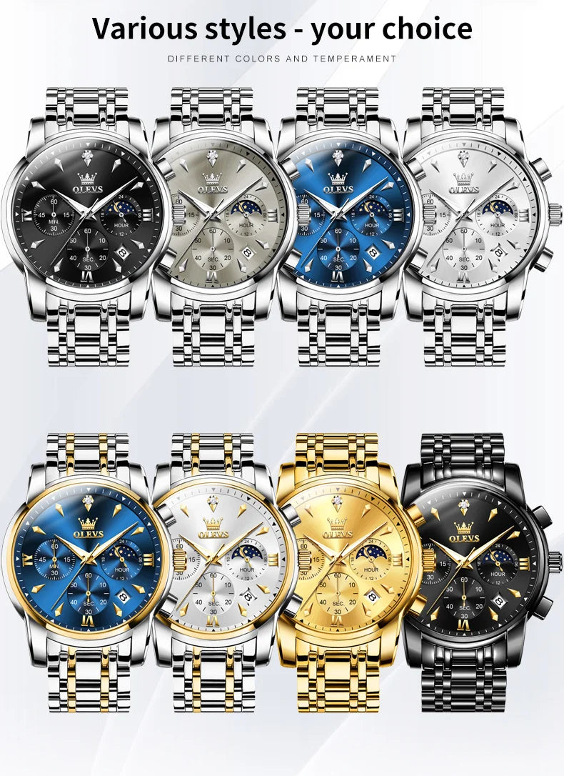 OLEVS 3639 Top Brand Original Luxury New Quartz Watch Stainless Steel Watch For Men Waterproof Luminous Moon Phase Mens Watch