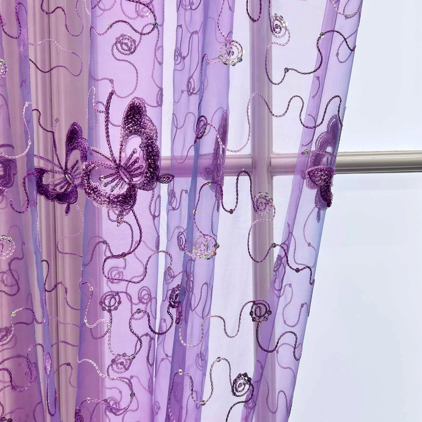 Romantic Modern Embroidered Sequins Butterfly Rustic Sheer Purple Voile Curtains for Living Room Bedroom Kitchen   344&C