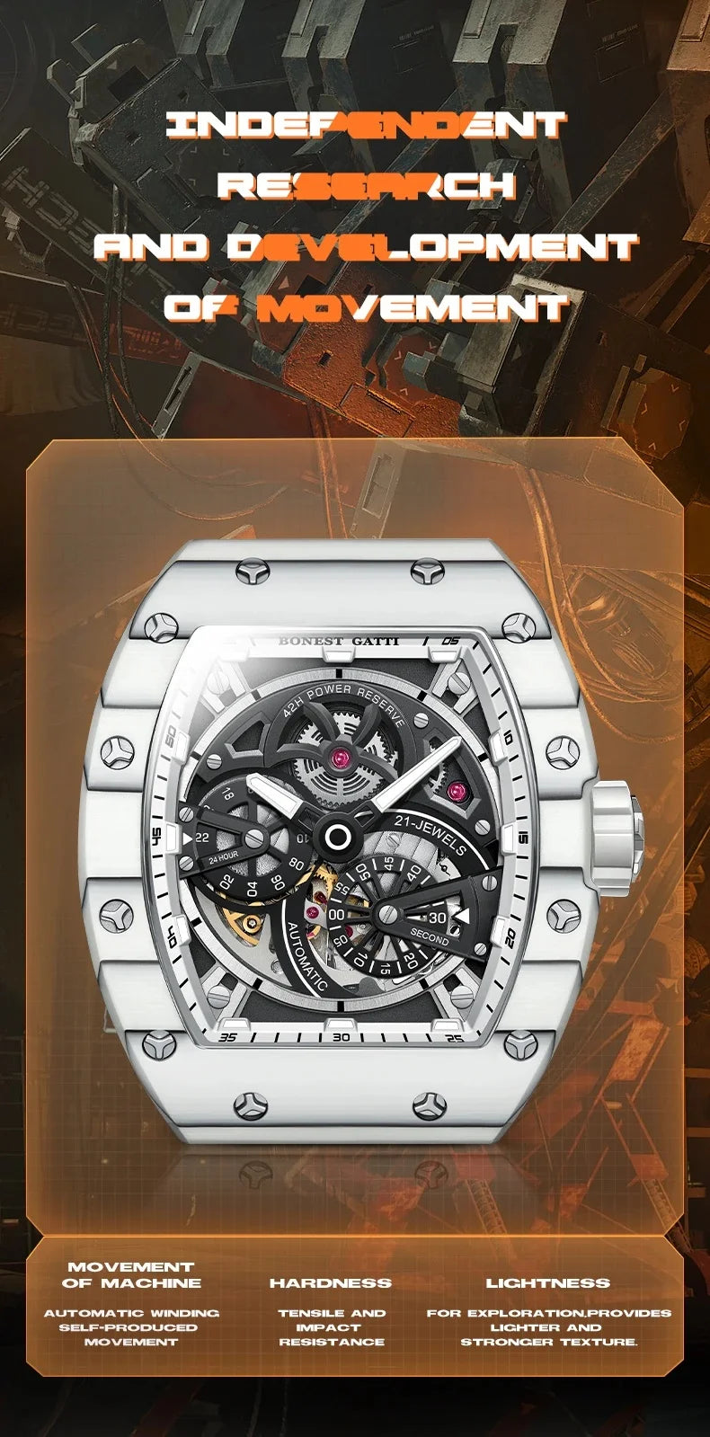 BONEST GATTI Men Automatic Movement Mechanical Watch Carbon Fiber Bezel Tonneau Luminous Case Fluororubber Strap Watches For Men