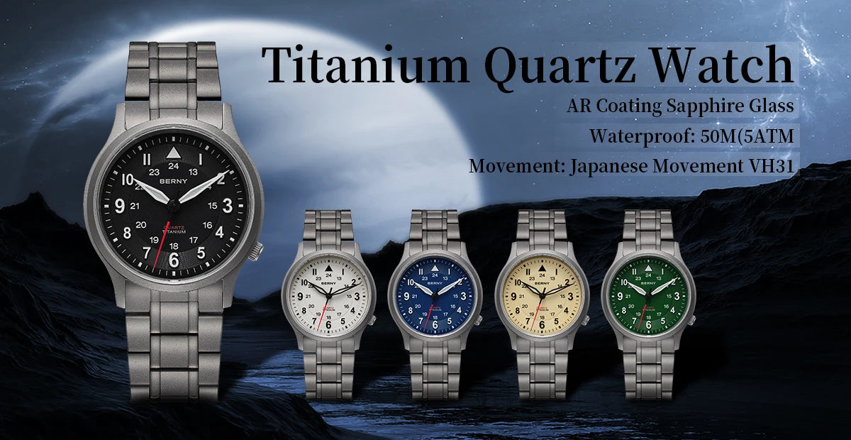 BERNY Full Titanium Watches for Men Outdoor Quartz Men's Field Pilot Wristwatch VH31 Super Luminous Sapphire Easy Read Watch