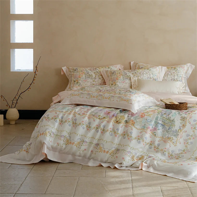 Luxury 22mm Mulberry Silk Bedding Set Romantic Floral Duvet Cover Pillowcases Bed Sheet Set Luxury Bed Linen King Queen Size