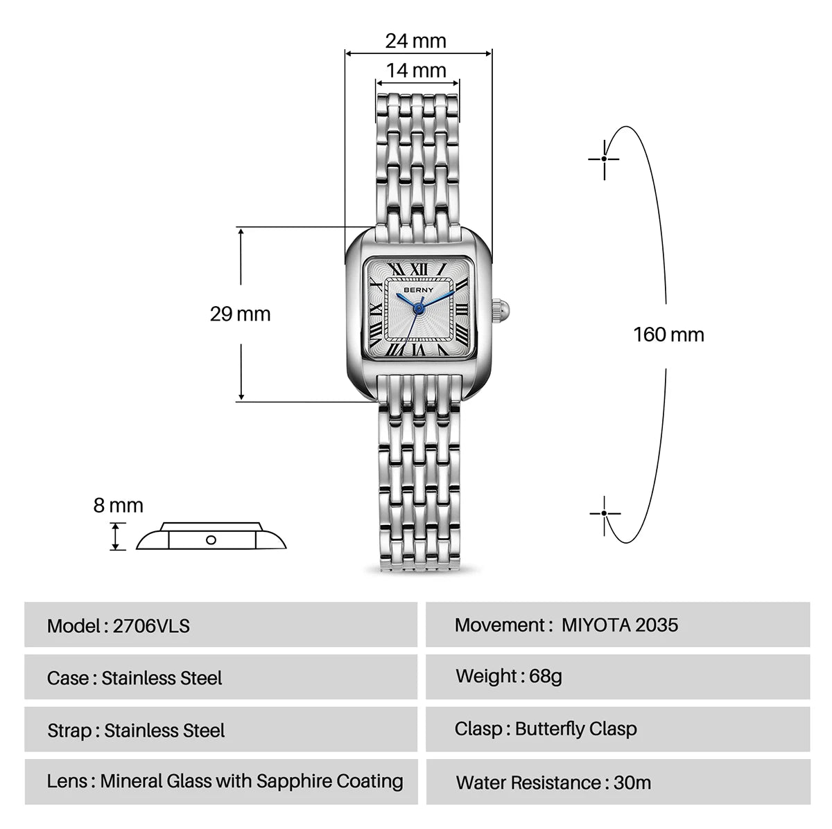 BERNY Luxury Brand Woman Watch New In High Quality S/S Square Ladies Quartz Watches Fashion Elegant Business Wristwatch