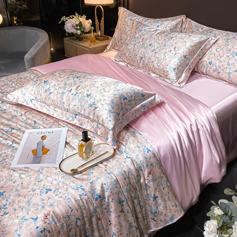 Floral Silk Bedding Set with Duvet Cover Bed Sheet Pillowcase Luxury Couple Single Double King Queen Soft Bedsheet Nordic Smooth