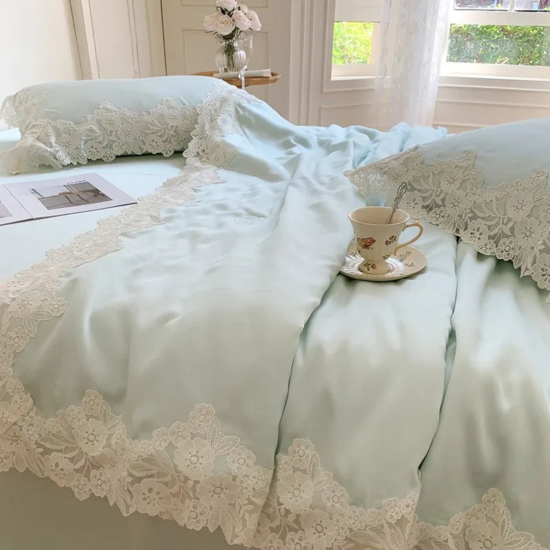 100%Eucalyptus Lyocell Cream White Lace Soft Silky Textured Wrinkle-Free Summer comforter Blanket 1Pc Flat sheet 2Pillow shams
