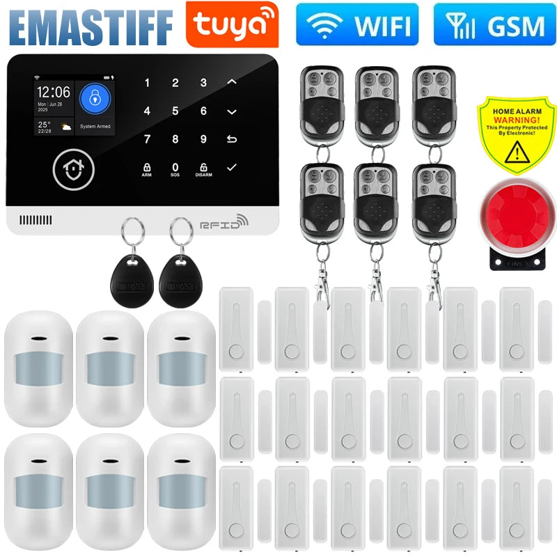 Wireless Tuya APP SIM GSM Home RFID Burglar Security LCD Touch Keyboard WIFI GSM Alarm System Sensor kit Russian,Spanish Voice