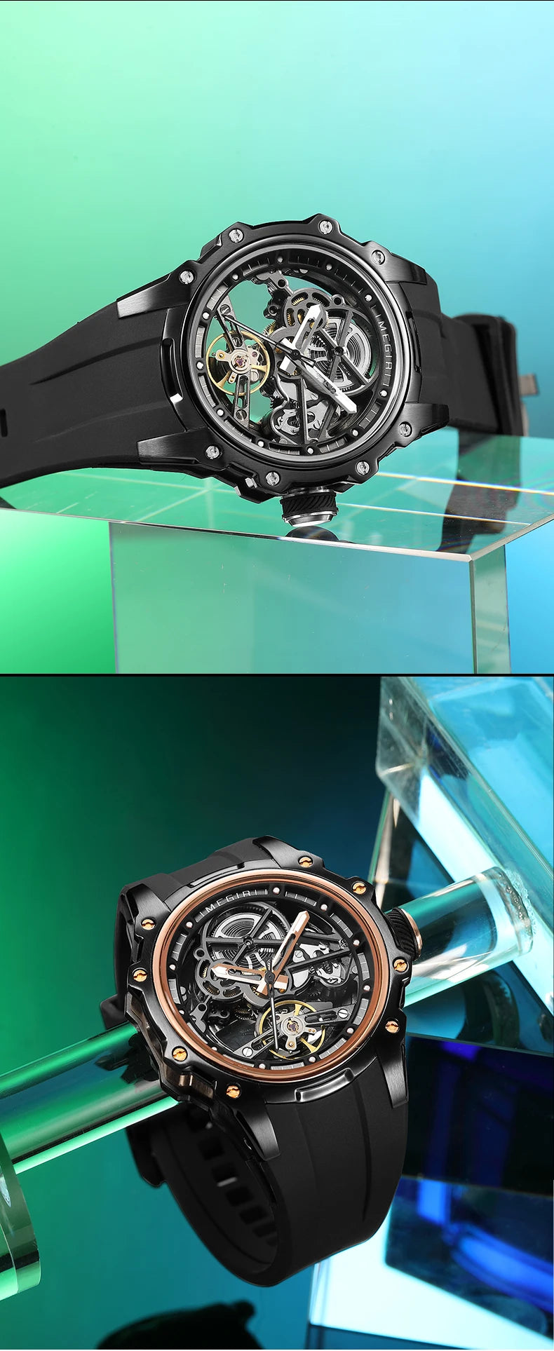 MEGIR Skeleton Dial Automatic Mechanical Watch Men Stainless Steel Case Waterproof Luminous Sport Wristwatch with Silicone Strap