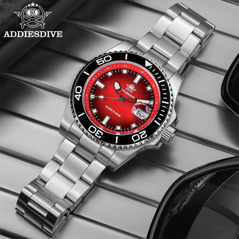 ADDIESDIVE New Men Watch AD2089 Diver 200m Waterproof Wristwatch Ceramic Bezel Luminous 316L Stainless Steel Quartz Watch AD2089