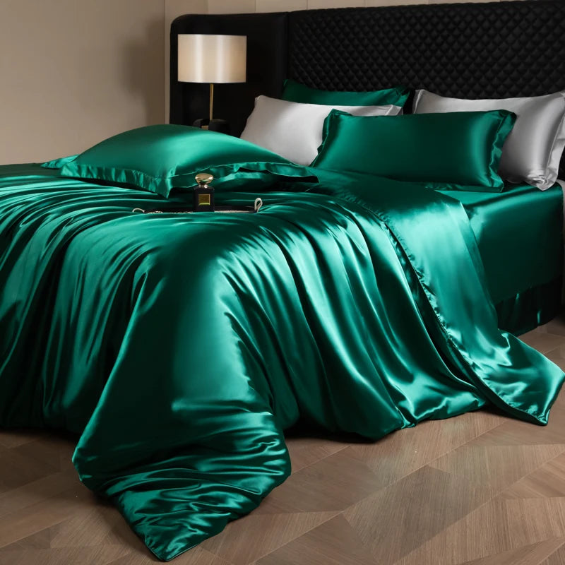 Silk Bed Sheets Set Luxury Bedding Set with Duvet Cover Fitted/Flat Bedheet Pillowcases Mixed with Rayon King Queen Full Twin