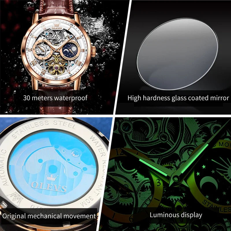 OLEVS 6670 Mechanical Fashion Watch Genuine Leather Watchband Round-dial Moon Phase Month Display