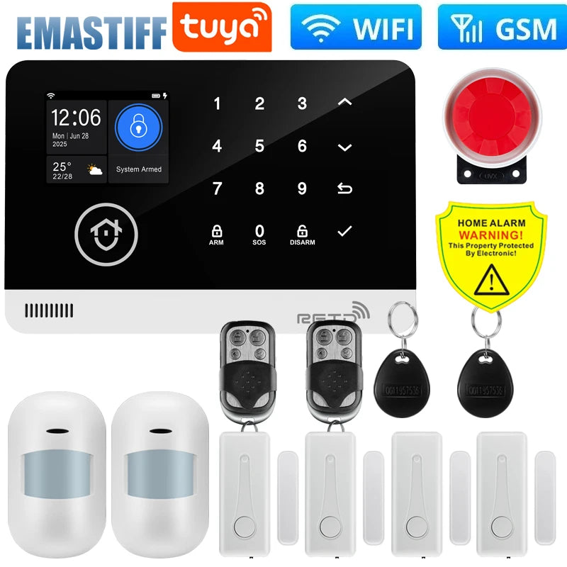 Wireless Tuya APP SIM GSM Home RFID Burglar Security LCD Touch Keyboard WIFI GSM Alarm System Sensor kit Russian,Spanish Voice