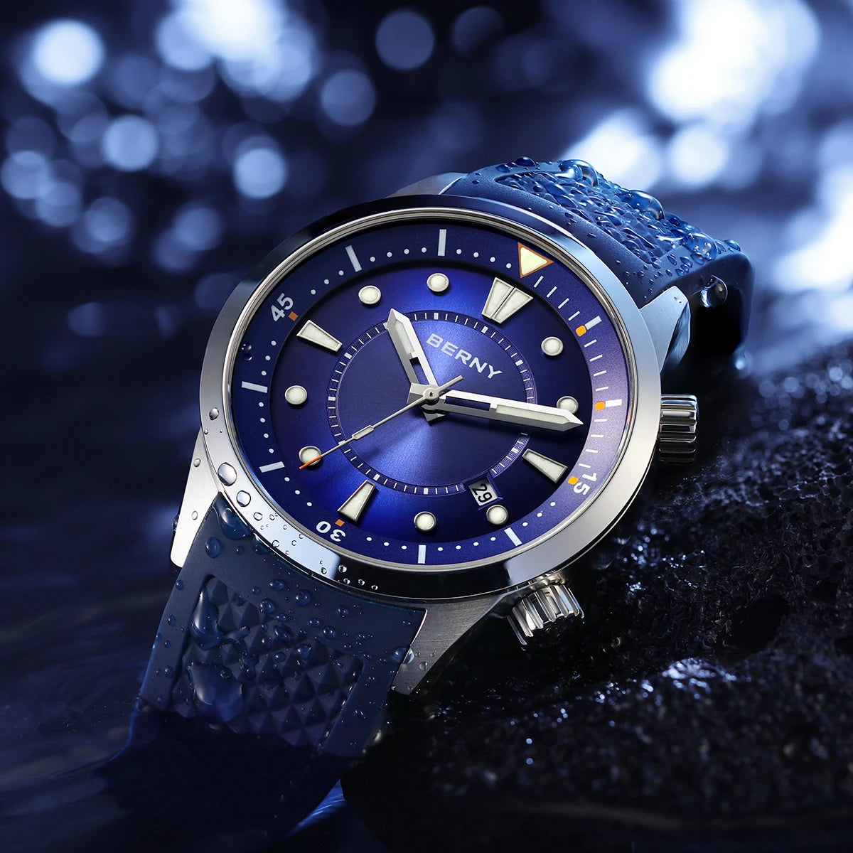 BERNY Automatic Diver Men Watch 200M Waterproof Miyota 8215 Sappire AR Coated Silicone Sports Swim Wristwatch Men's Diver Watch