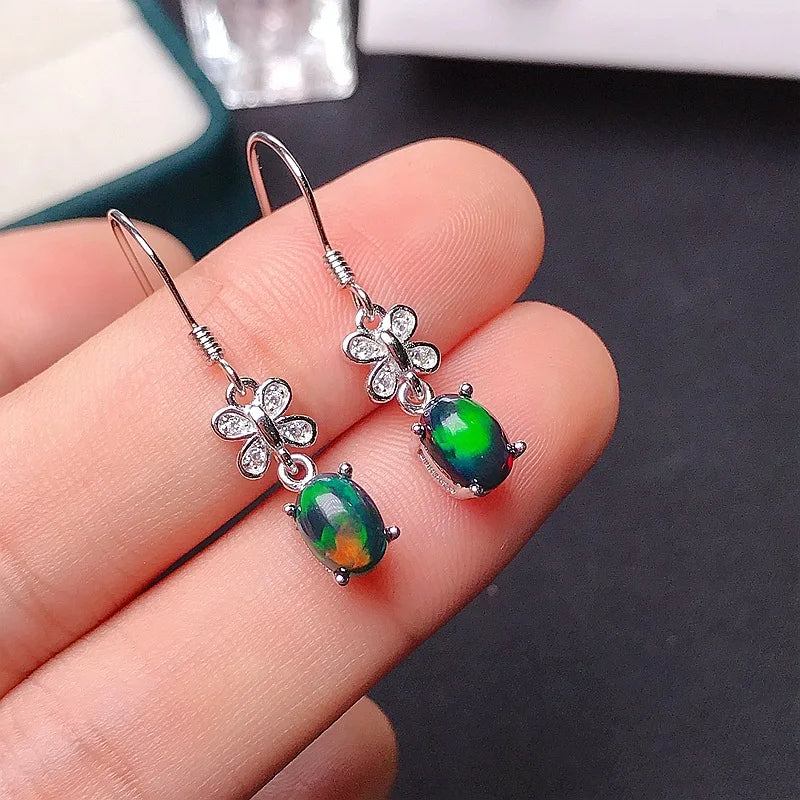 MeiBaPJ 5*7 Natural Black Opal Gemstone England Ear Drop Earrings for Women Real 925 Sterling Silver Charm Fine Wedding Jewelry