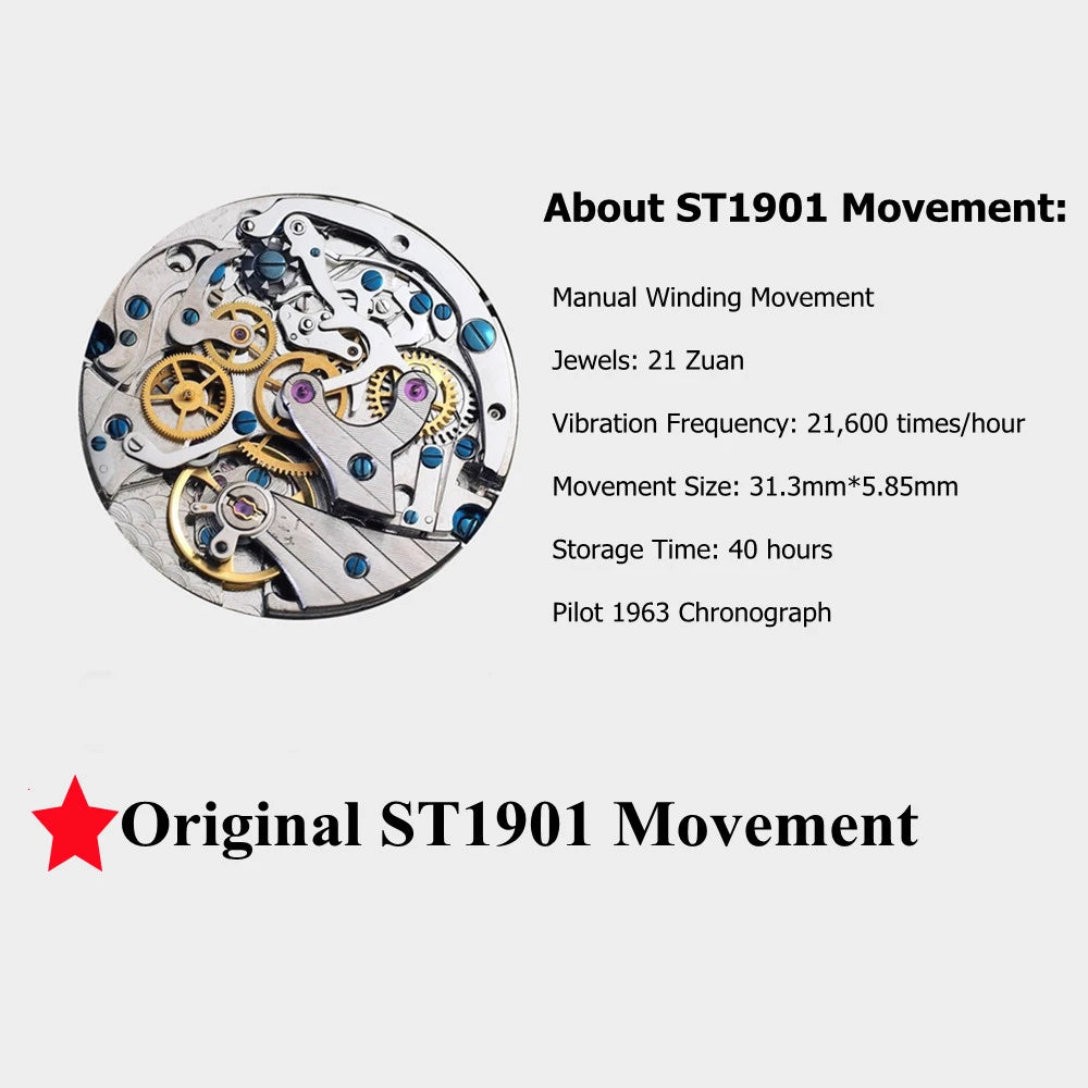 RED-STAR 38mm Men's 1963 Chronograph Mechanical Watch Pilot with Seagull Movement ST1901 Air Force Aviation Sapphire Goose 40mm