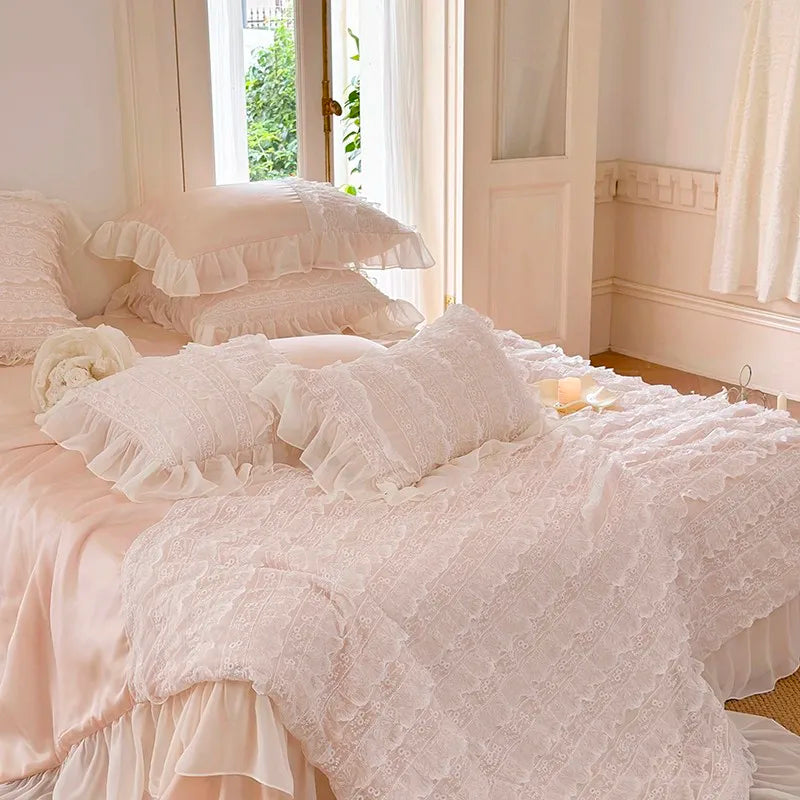 100%Eucalyptus Lyocell Cream White Lace Soft Silky Textured Wrinkle-Free Summer comforter Blanket 1Pc Flat sheet 2Pillow shams
