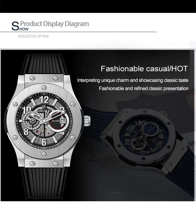 OBLVLO Men's Fashion Rose Gold 44mm Hollow-out Automatic Watch Waterproof Brown Leather Strap Mechanical Clock with Date HM-GT