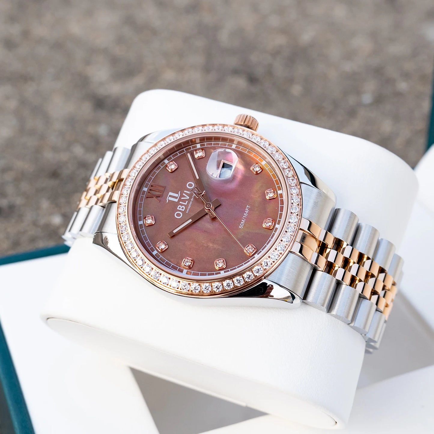 OBLVLO Men's Elegant Diamonds Bezel Two Tone Bracelet Quartz Watch with Date Fashion MOP Dial Business Watches for Men RX-PE-D